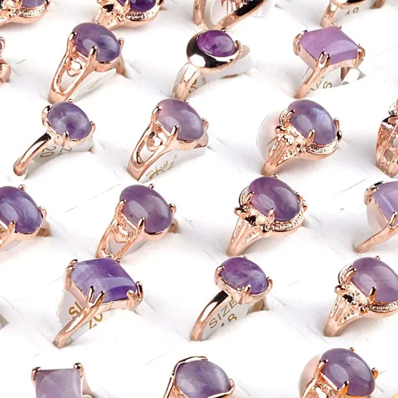 10PCS Mixed Wholesale Natural Stone Rings For Women Purple Quartz Crystal Finger Rings Party Wedding Jewelry Gift