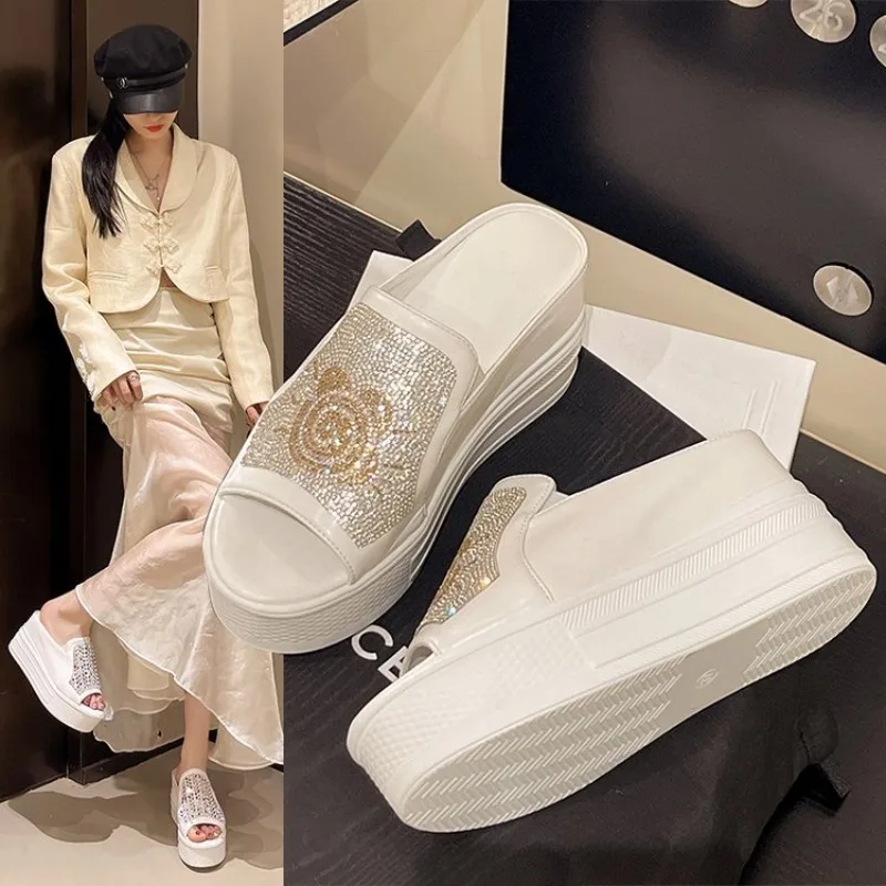 

Women High heel Fashion Summer Outside slippers Sweet Pearl rhinestones Flip flops slides Platform Beach Shoes Non-slip Sandals