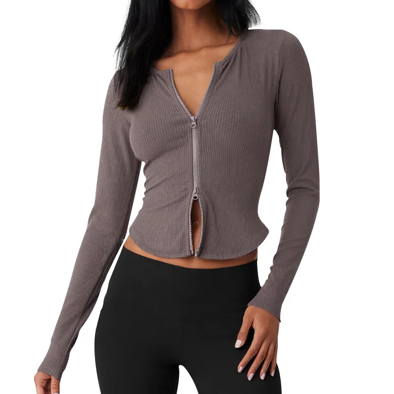

Women Slim Yoga Clothes Outdoor Sports Long Sleeved Quick Dry Zipper Cardigan Stand Up Collar Jacket Running Fitness Jacket Top