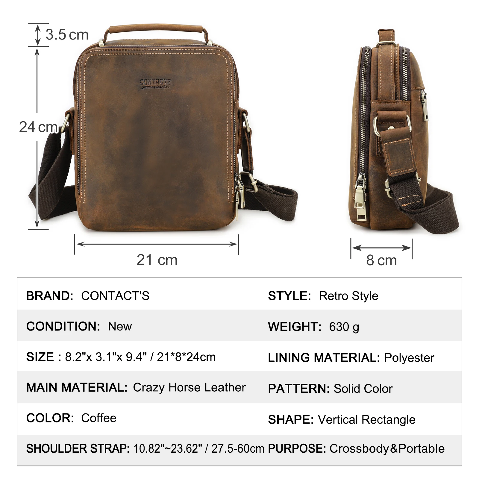 Contacts genuine crazy horse leather vintage men crossbody bag zipper messenger bags for men luxury male handbag shoulder bag