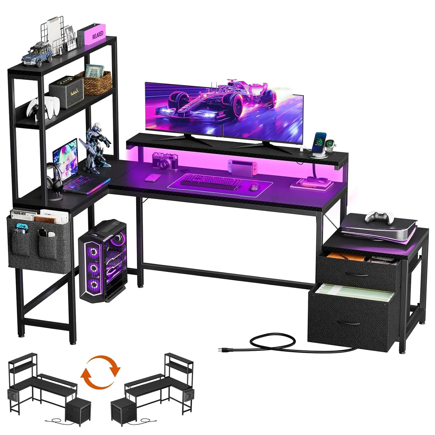 

Компьютерный стол L-образной формы 70 дюймов с выдвижными ящиками, перекидными полками, розеткой, светодиодной лентой, для дома и офиса, угольно-черный, на заказ