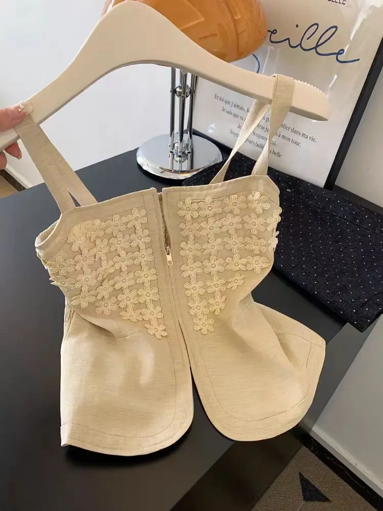 

Women's Y2K pure desire suspender vest Spring and summer linen flower embroidery sleeveless beautiful blouse new 2025