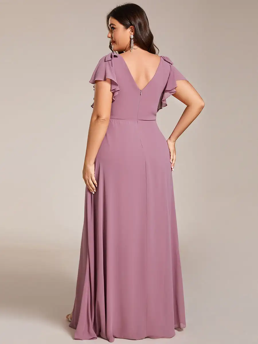 Plus Evening Dresses Short Sleeves with Bowknot High Front Slit 2024 Ever pretty of A-Line Orchid Chiffon Bridesmaid Dress