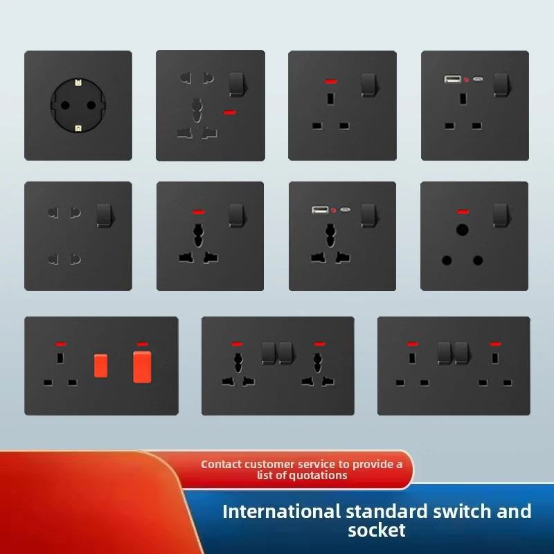 British Switch Socket, Dual 13A Socket, One Open 15A Panel, Black European Plug 86 Type Concealed Multi-functional Five-hole