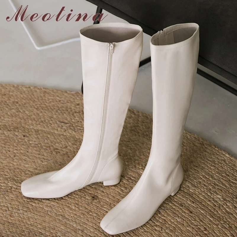 Meotina Women Riding Boots Shoes Genuine Leather Low Heel Long Boots Zip Square Toe Thick Heels Long Boots Female Autumn Winter