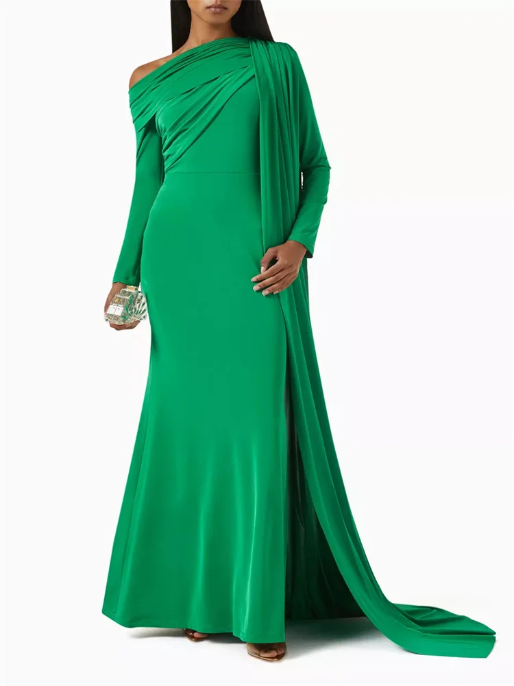 New Arrival Asymmetric Draped Neckline Long Sleeves Straight Evening Dress Back Zipper Floor Length Sweep Train Gown For Women