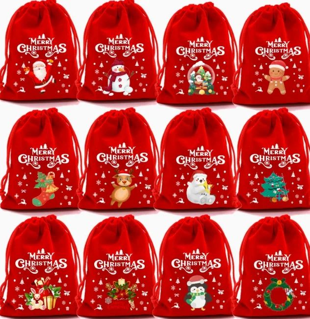 30Pcs 15*20cm Red Christmas Velvet Bags Drawstring Santa Gift Pouch Candy Snack Wrapping Bag Christmas Wedding Party Favors Deco