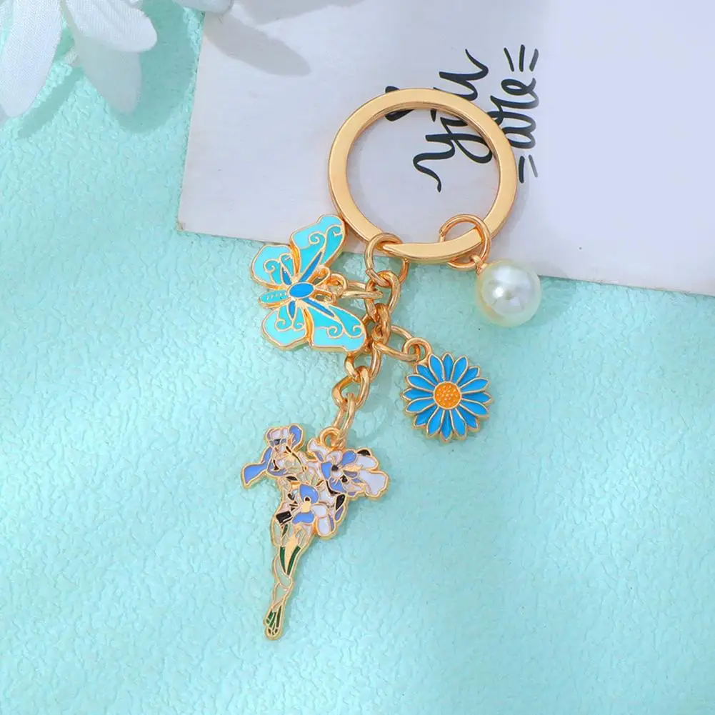 Pastoral Style Keychain Keychain Pendant with Imitation Pearls Flower Butterfly Enamel Charm Pastoral Style Layered Key Ring