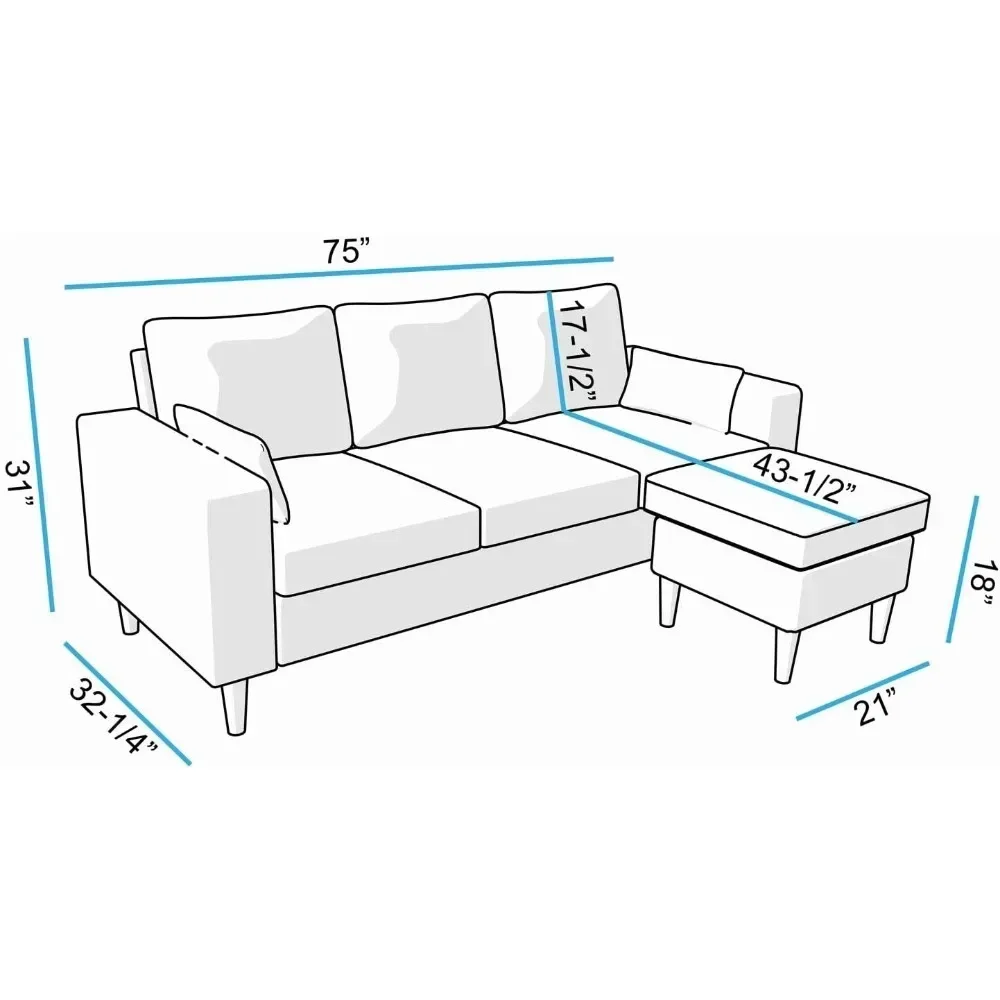 Convertible Sectional Sofa 3 Seat L Shaped Couch with Ottoman Linen Fabric Reversible Chaise for Living Room