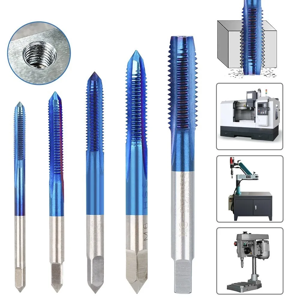 M1-M1.8 M2-M20 HSS Machin Straigh Flute Thread Tap Nano Blue Coated Screw Tap Drill Hand Tool for Metalworking Tools