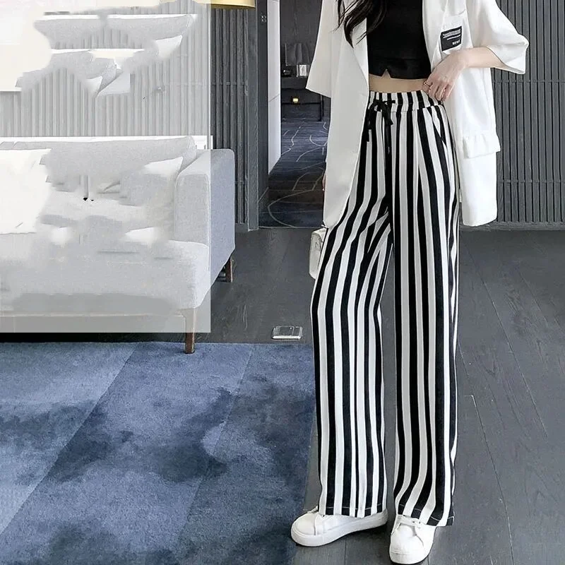 Summer New Women\'s Color Block High Waist Black and White Vertical Stripes Fashion Versatile Draping Loose Straight Leg Pants