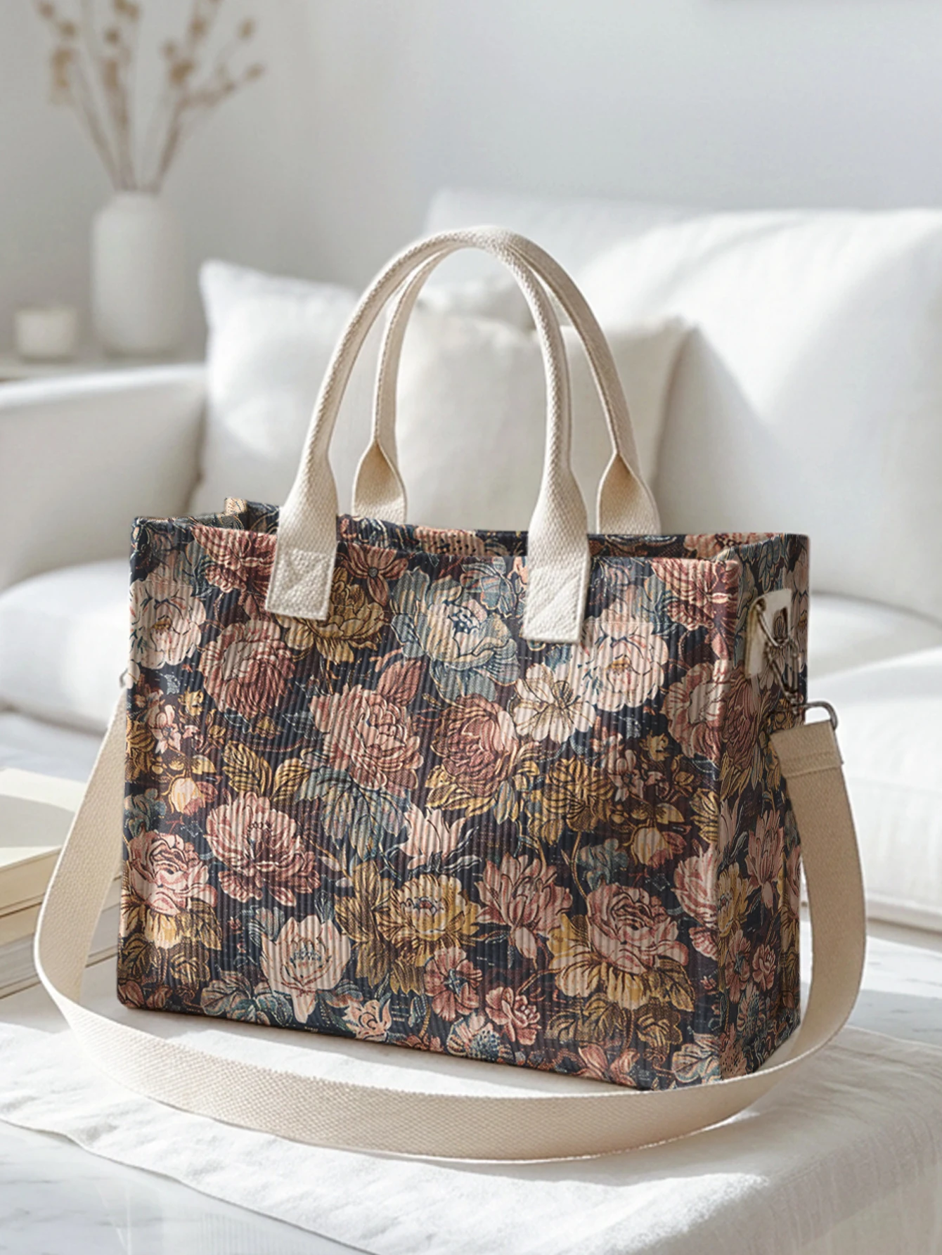 Vintage Floral Print Corduroy Tote Bag Large Capacity Multi Pocket Retro Flower Lover Commuter Shoulder Bag view 3