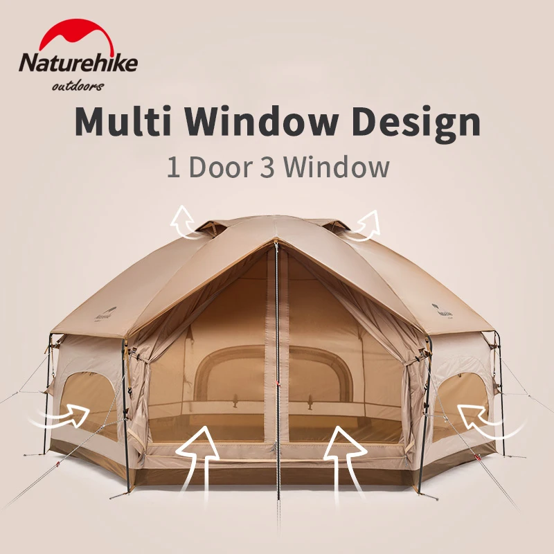 Naturehike MG 5.5KG Outdoor Camping Portable Hexagon Tent 3-4 Persons  210T Waterproof PU3000mm 3 Window Large Space Family Tent