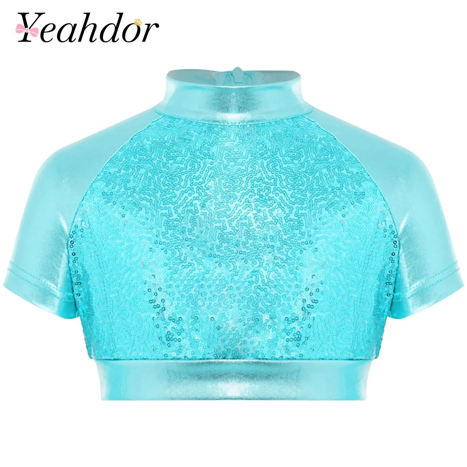 Kids Girls Sequins Hip Hop Jazz Dance Tops Metallic Dance Top Disco Costume Mock Neck Short Sleeve Shiny Metallic Gloss Crop Top