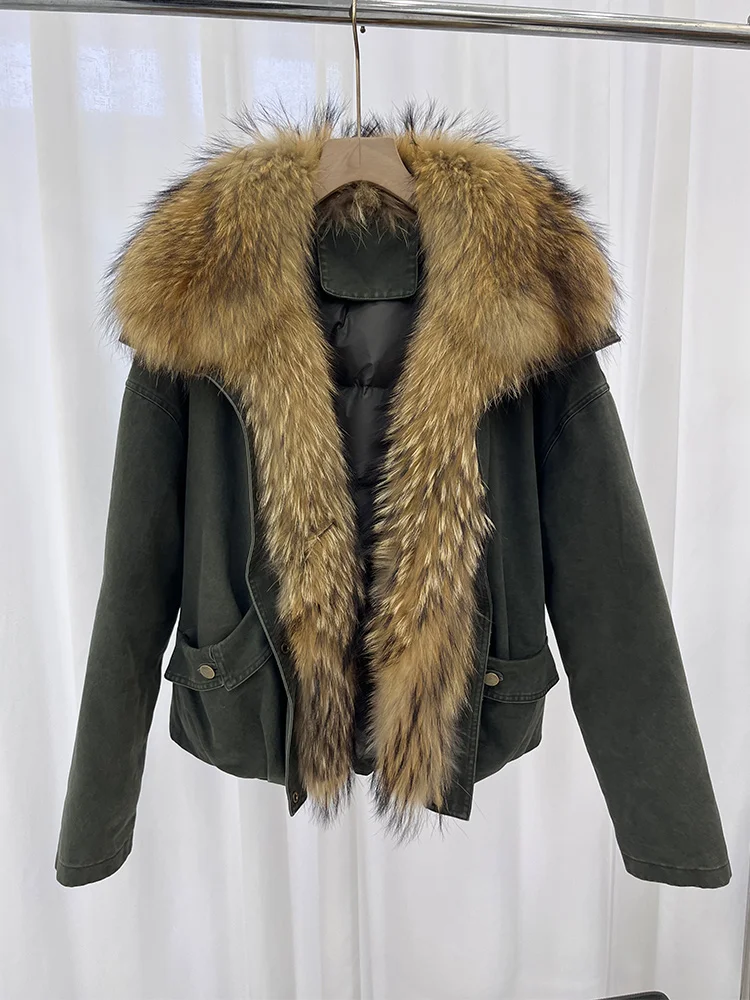 2025 نساء شتاء دافئ الطبيعية الراكون الفراء طوق أوزة أسفل السترات معطف سميك ملابس خارجية غير رسمية الإناث سترات منتفخة #1