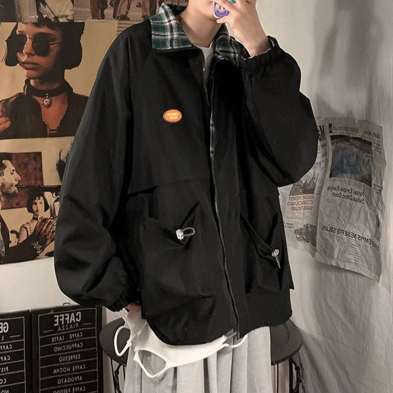 

Women Vintage Reversible Bomber Jacket Korean Harajuku Oversize Loose Pocket Solid Coat Zipper Patchwork Hip Hop Streetwear