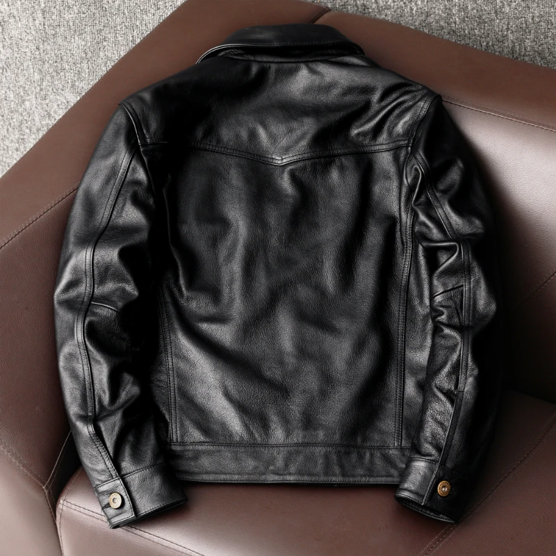 Genuine Leather Jacket Men New Pure First Layer Cowhide Leather Coat Men's Casual Short Cloth Lapel Fashion Chaquetas Hombre FCY