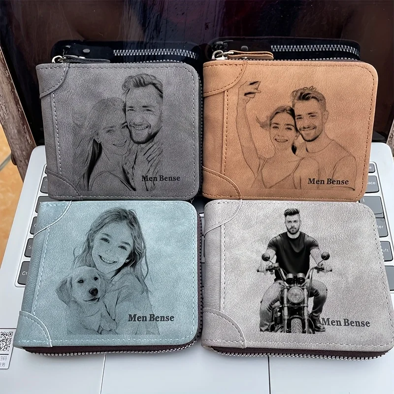 Customized Photo Men Wallet High Quality PU Leather Short Wallet Engraved Picture Purse Festival Personalized Gifts for Men Him