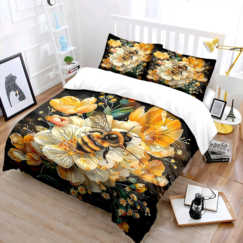 Bee with Yellow Flowers Illustration Print Soft Comfortable Duvet Cover Bedding Set Included 1*Duvet Cover  2*Pillowcases