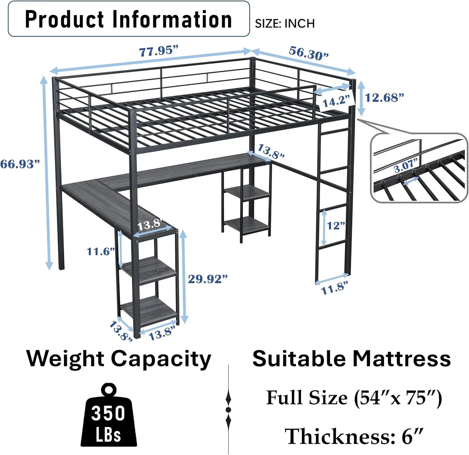 Lit Loft Complet avec Bureau et Étagères de Rangement, Lit Loft en Métal Rapide avec Échelle pour Enfants, Adolescents et Adultes, Sans Bruit, Noir