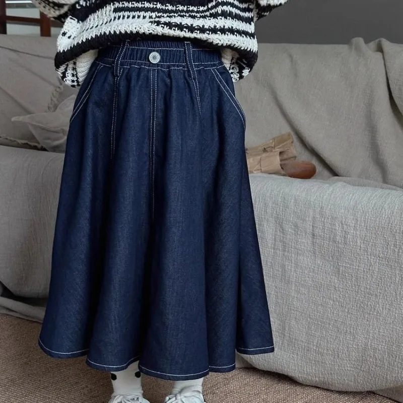 Denim Skirt Kids' Mid Length Over The Knee Loose School Casual 2025 New Versatile Children's Denim Dress