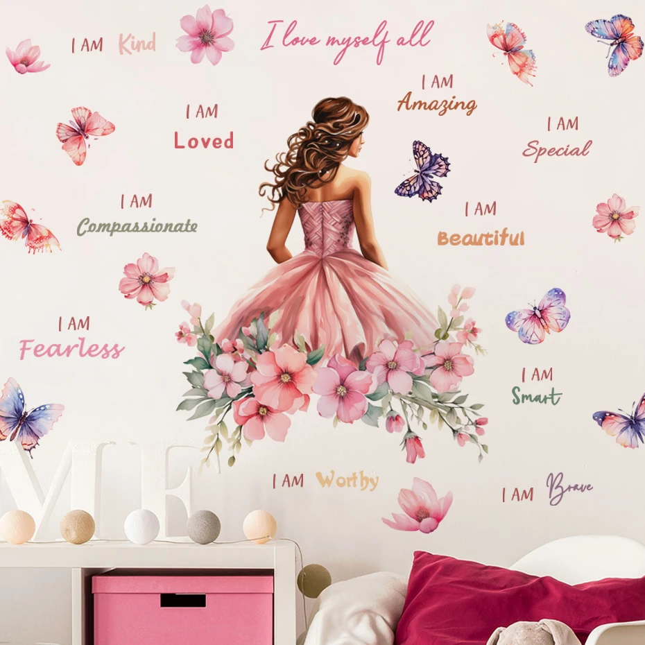 

Pink Girl Moon Butterflies Wall Stickers Kid Girls Room Bedroom Decoration Baby Nursery Home Decor Living Room Wall Decal