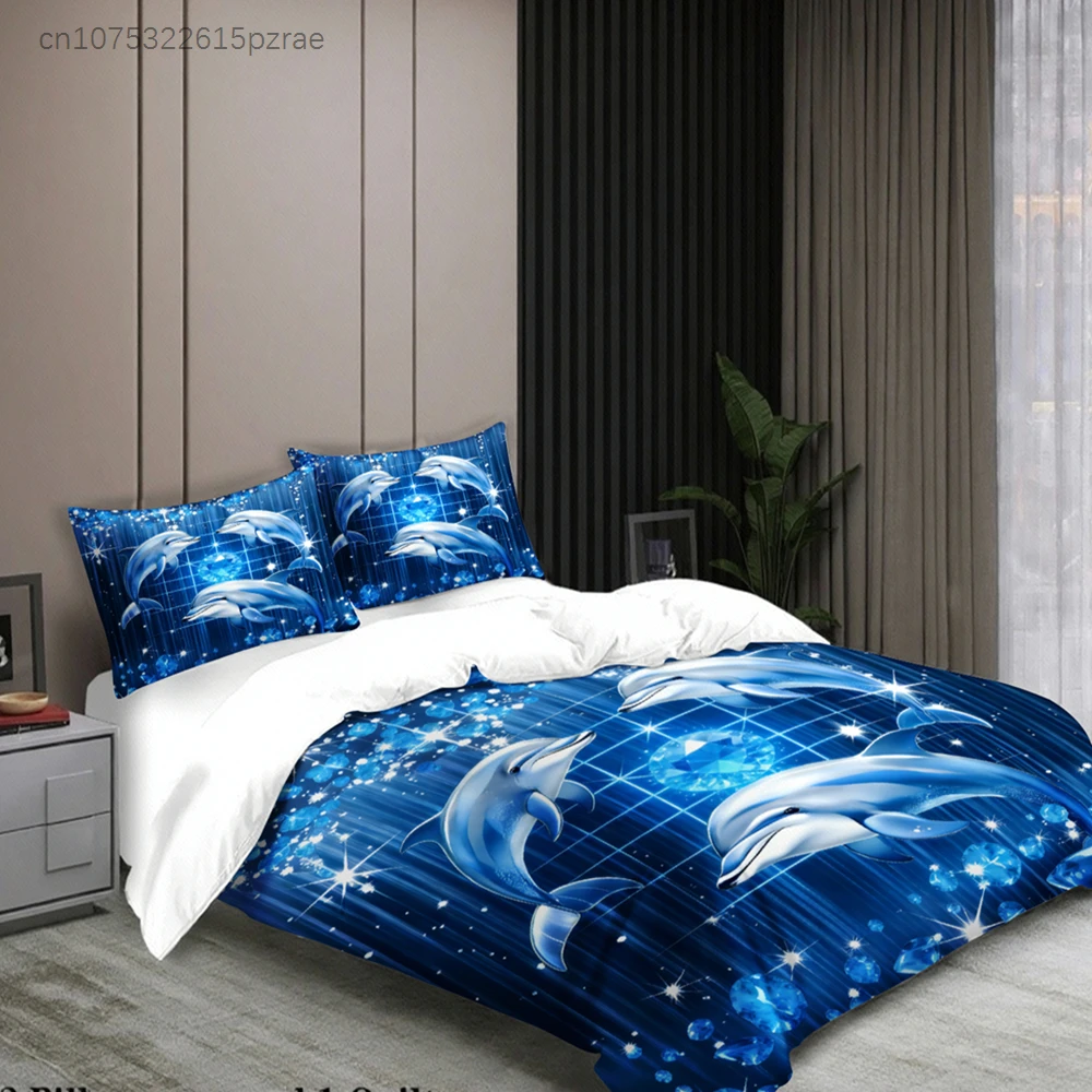 Dolphin Print Bedding Set Blue Ocean Dolphin Pattern Bedding With Duvet Cover & Pillowcases For Bedroom