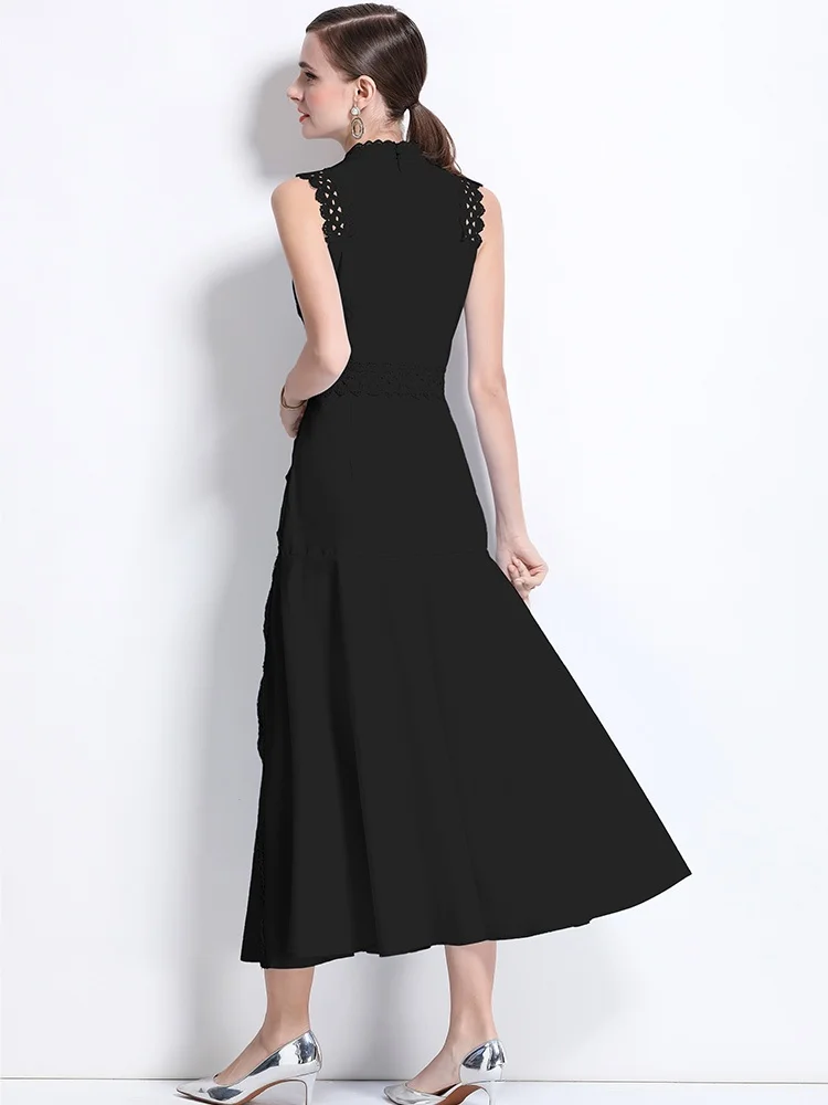 SMTHMA New Fashion European Lace Hollow Out Design Runway Dress Women's Sleeveless Stand Collar Slim Waist Long Dress Vestidos