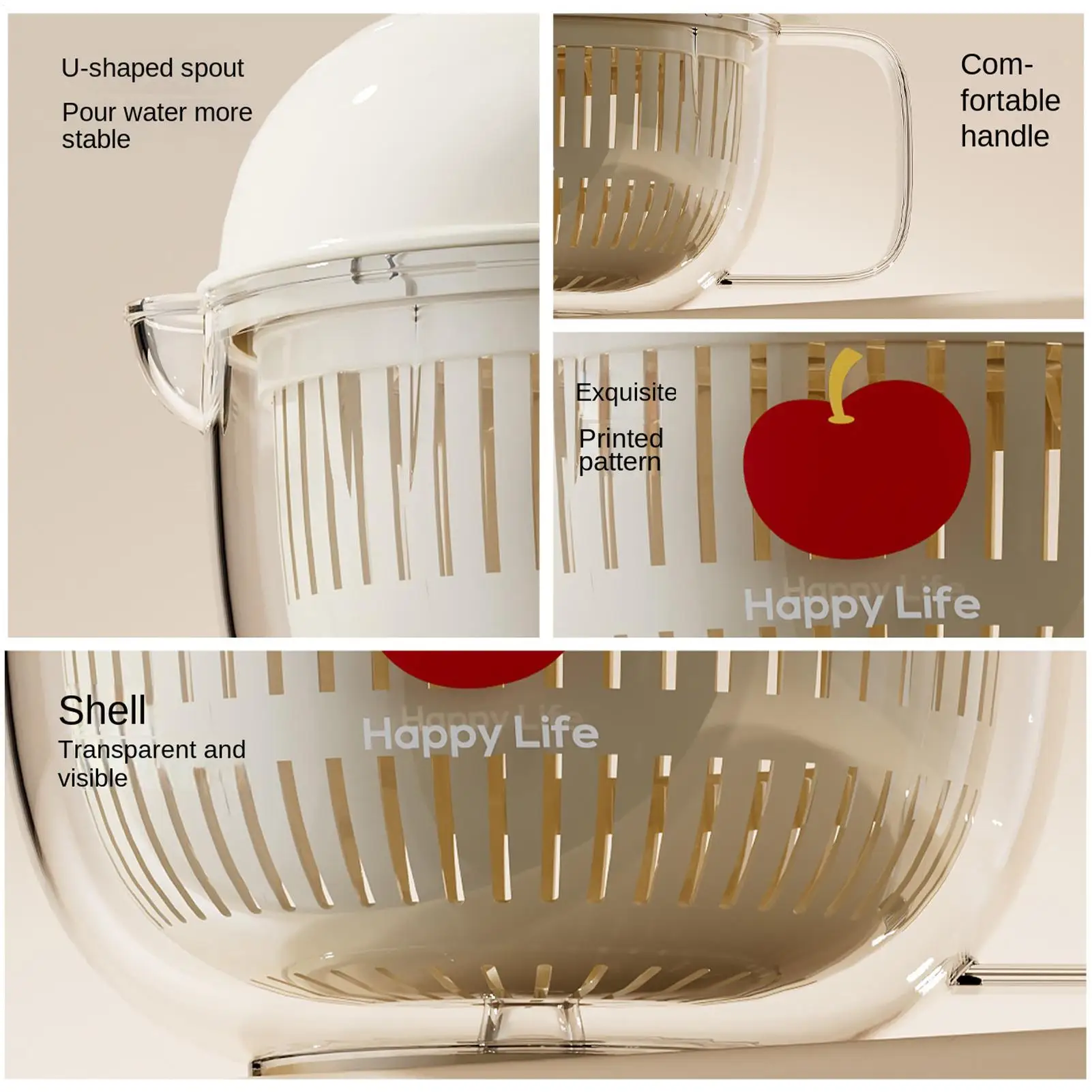 Apples Design Vegetable Washer , Double Layer Drain Basket, Manual Salad Spinner, Large Capacity Kitchen Organizer For Fruits view 4