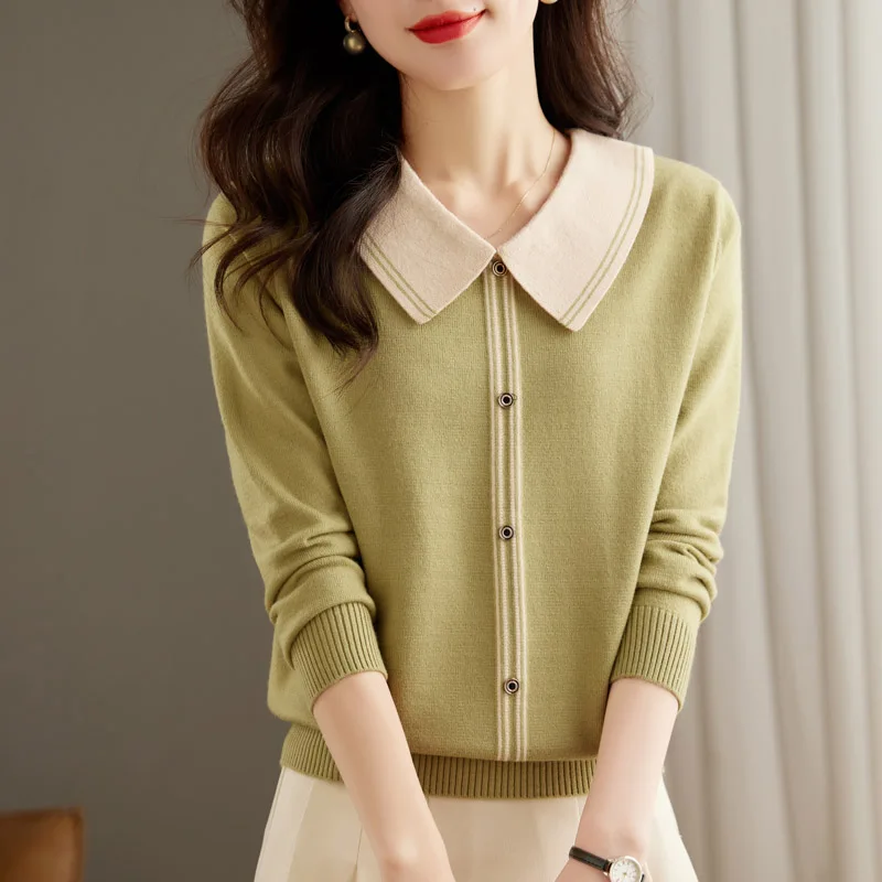 Women Clothing Simple Solid Sweet Knitted Tops Spring Daily Casual Fashion All-match Pullovers Turn-down Collar Sweaters