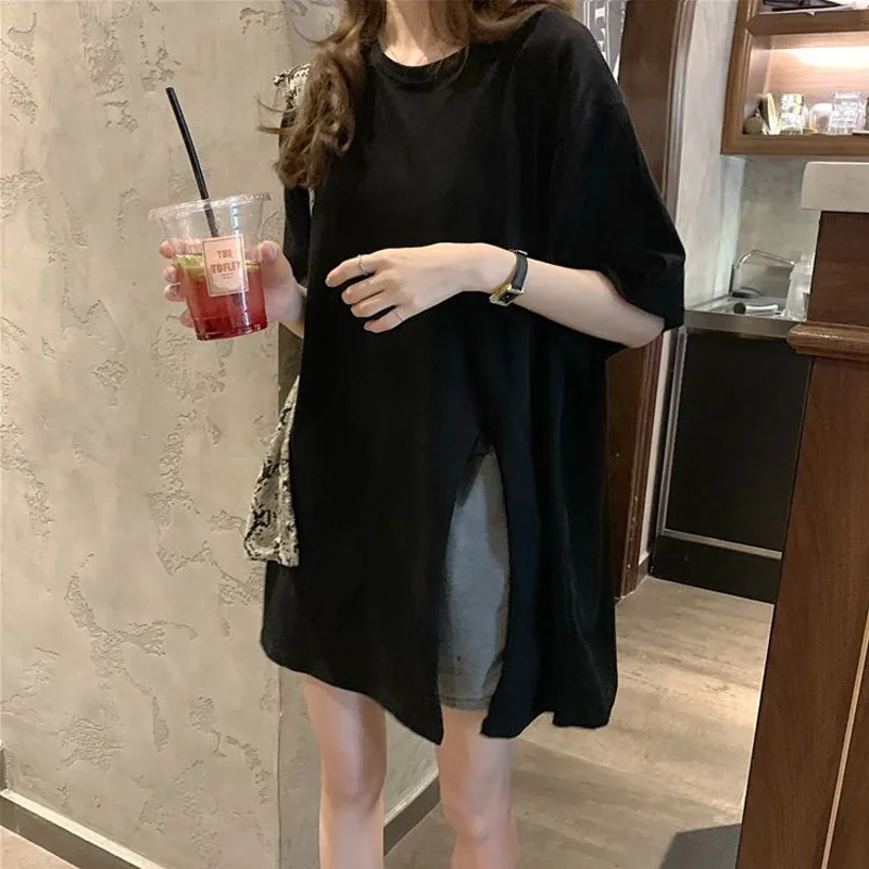 Summer Split Hem Loose T Shirt Tops Round Neck Short Sleeve Simplicity Pullovers Casual Fashion Women Clothing