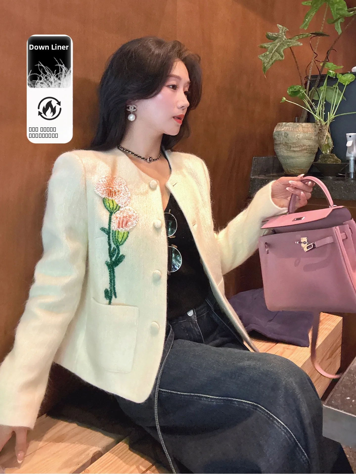 

Женский шерстяной костюм YANGXIAOJING: пальто с вышивкой цветов, утепленное гусиным пухом, модная верхняя одежда