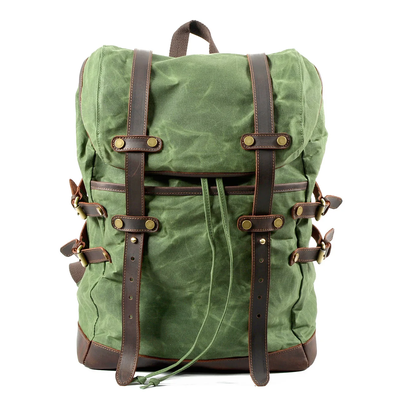 Retro Wax Canvas Rucksack with Full‑Grain Leather AccentsDrawstringRoll‑Top Design Multi‑Strap Daypack for Hiking Camping Travel