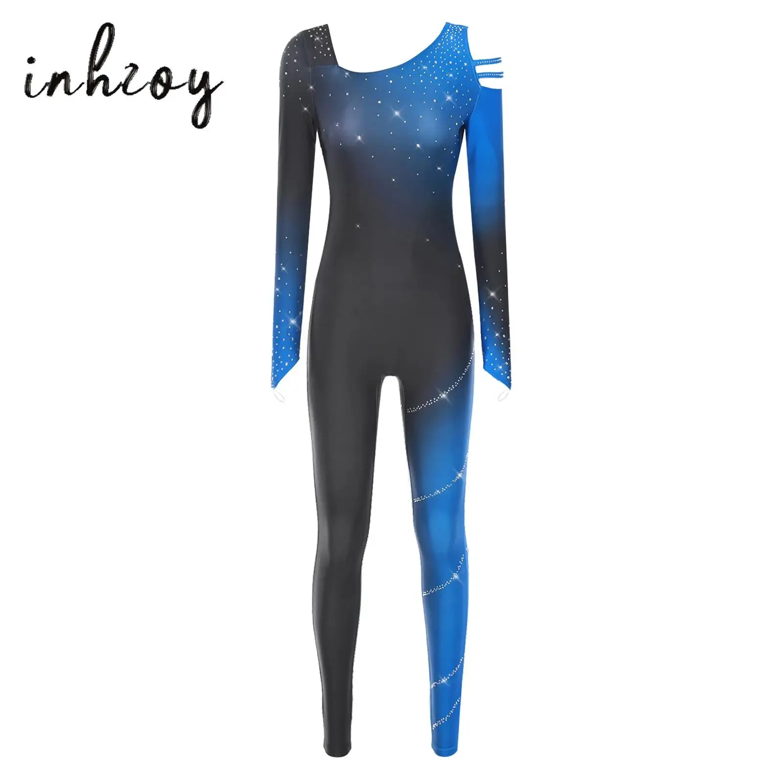 

Womens Gymnastics Lyrical Yoga Dance Costume Gradient Color Block Glittery Rhinestone Jumpsuit for Figure Skating Performance