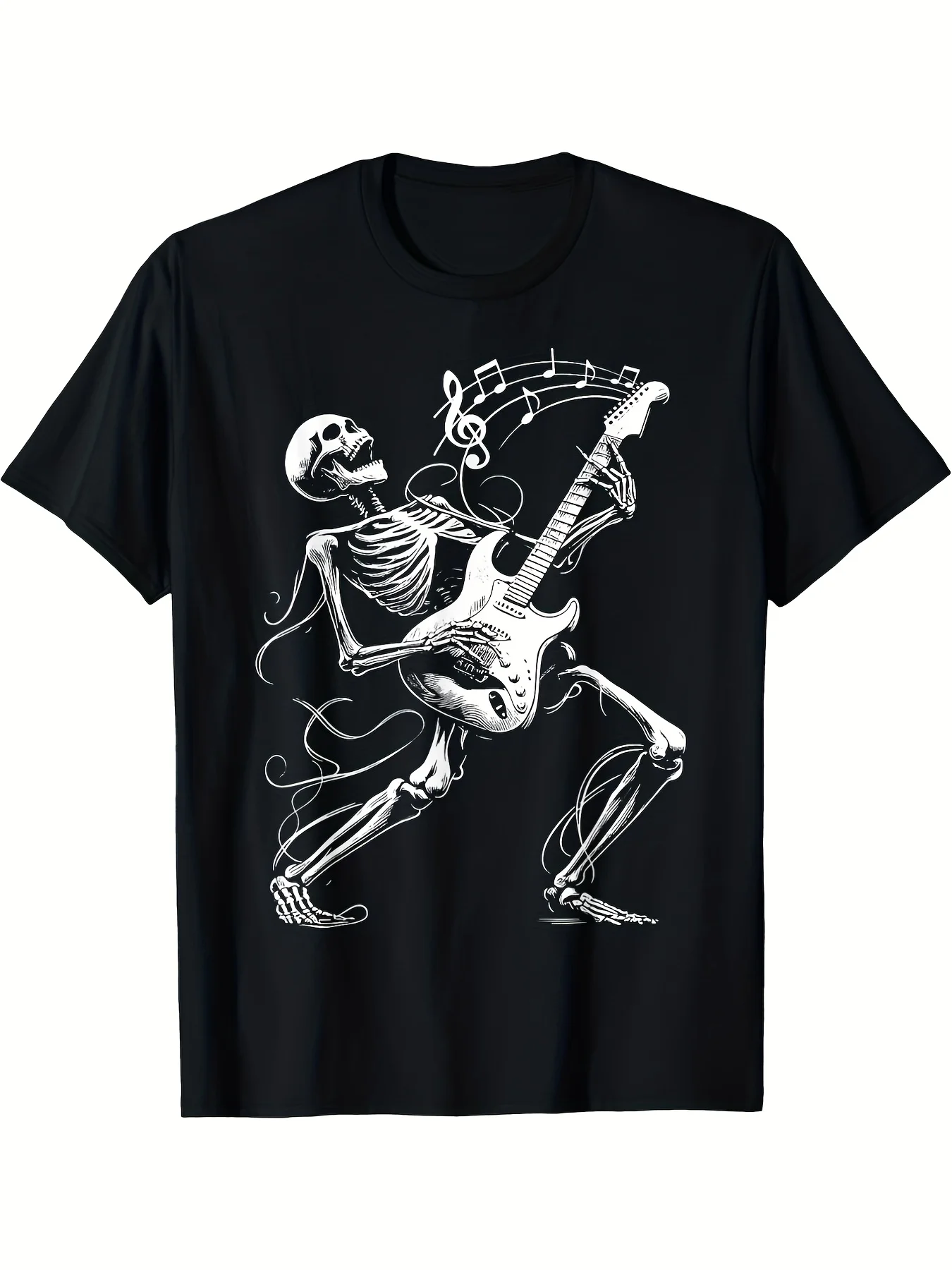 Men'S Graphic Tee Featuring A Skeleton Guitarist From A Rock Band - A Casual Shirt with A Crew Neck, Breathable Fabric, Machine Washable, Relaxed Fit, Perfect for Seasonal Casual Wear, Trendy Style, and A Round Neck Design in Pure with Short Sleeves