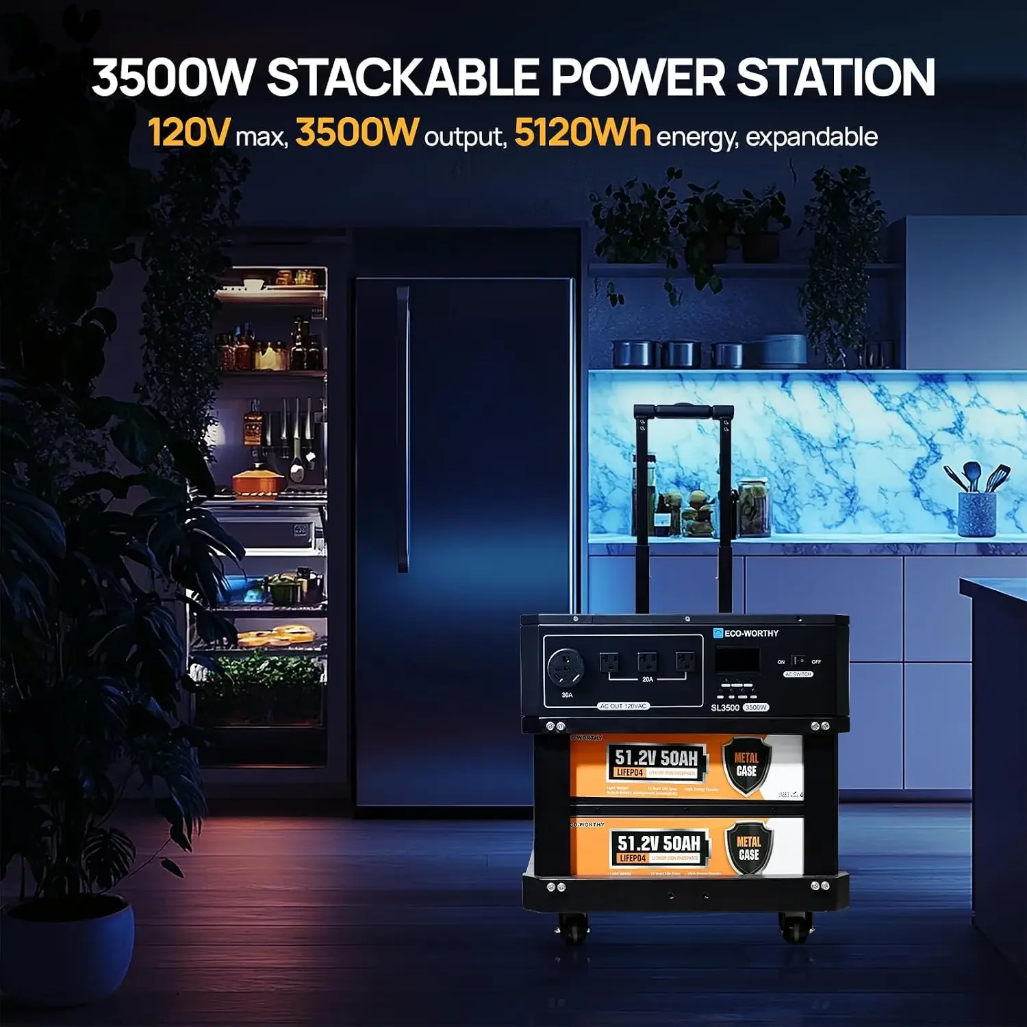 ECO-WORTHY 5120Wh SL3500 Stackable Power Station with 20ms UPS,Solar Inverter AC 3500W Output(Surge 6000W),Expandable To 15.36KWH,LiFePO4 Battery with BMS,Portable Stand for Home Backup,Emergency