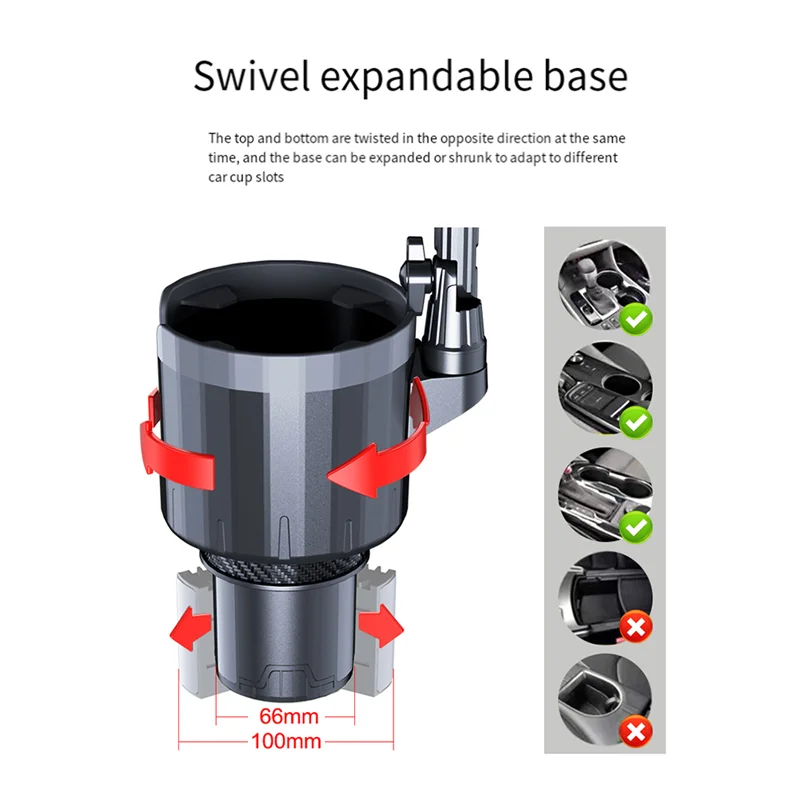 

B05B-Car Cup Holder With Phone Mount, 2 In 1 Adjustable Cup Holder Expander With 360° Rotation Cellphone Holder