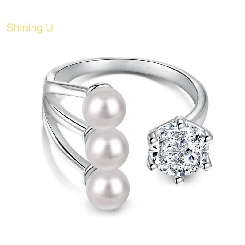

Shining U S925 Silver Pearl 8A Zircon Open Ring for Women Fine Jewelry Gift