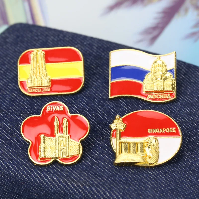 New national flag building brooch in stock, Russian and Spanish national flag cartoon brooch