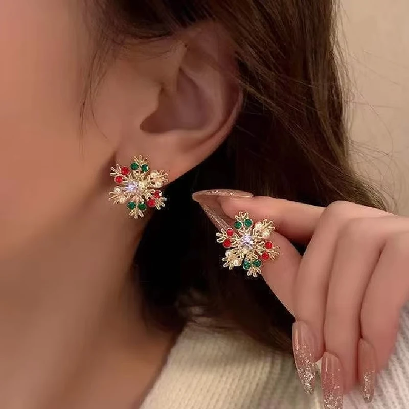 Crystal Christmas Snowflake Zircon Colorful Pearl Earrings Stud For Women Dangle Hook  Xmas Party Fashion Jewelry Gift