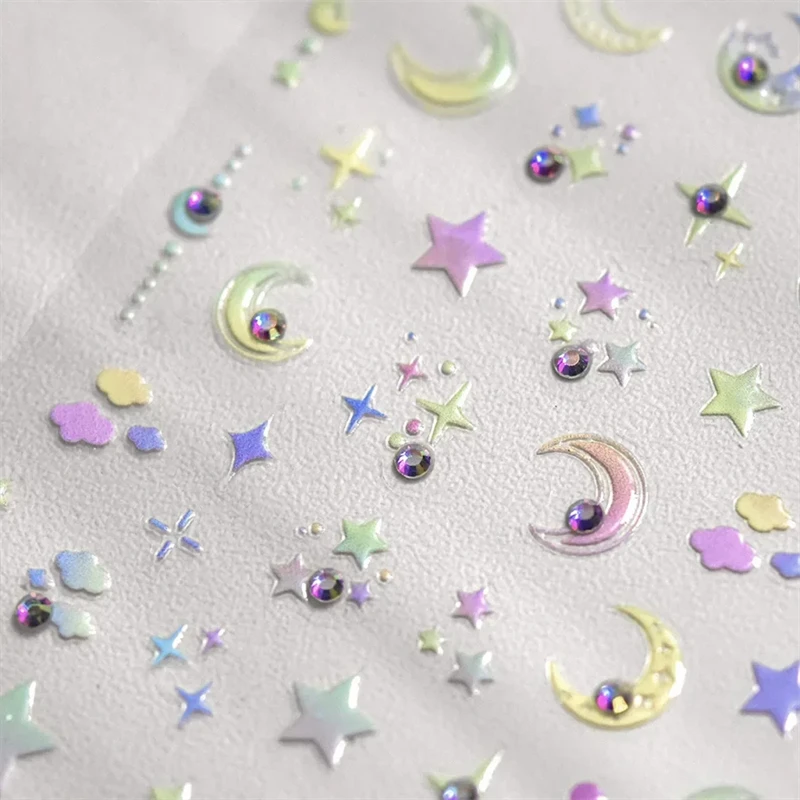 カラフルなピンク段階的なムーンスタークラウド蝶ラインストーン 5D ソフトエンボス加工ネイルアートステッカー 3D デカール装飾マニキュア