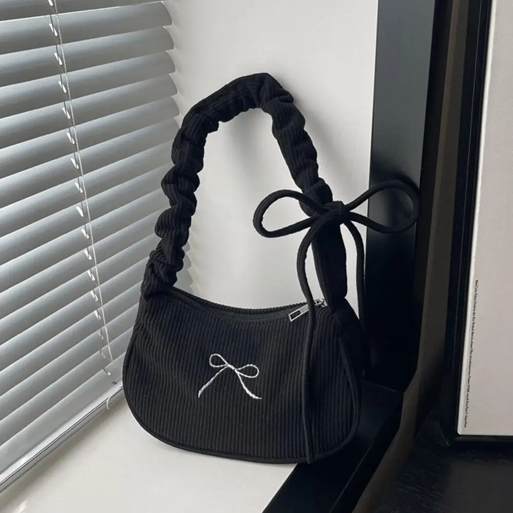 Korean Bowknot Corduroy Shoulder Bag Women Vintage Ruched Strap Crossbody Bags Trendy Y2K Underarm Handbag Ladies Purse