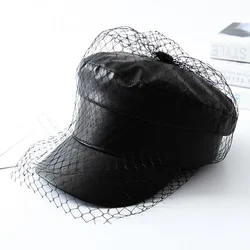 Spring and summer New black  PU lace veil newsboy  caps Fmale Flat top black Mesh letter multiple styles  fashion hats