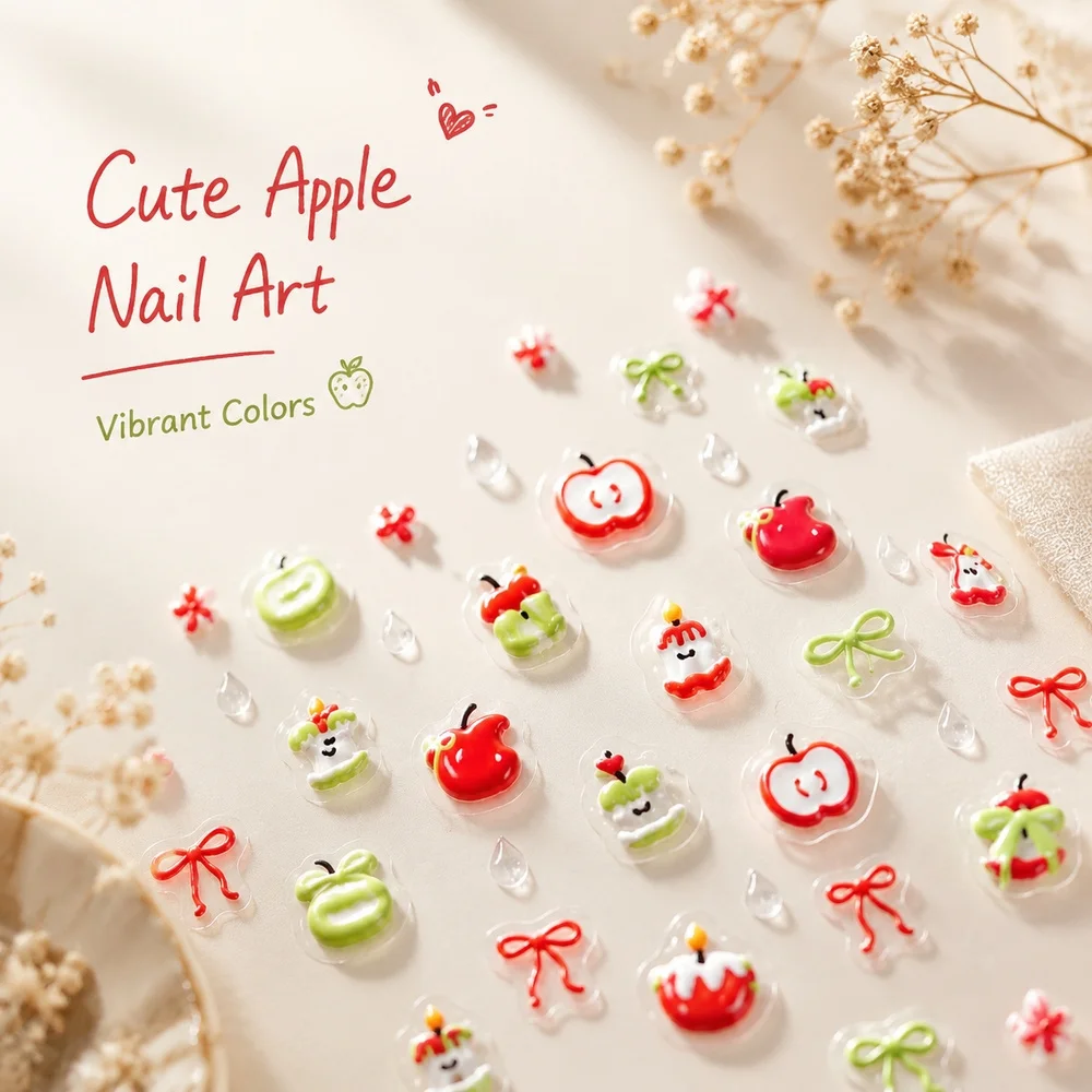1Pc Y2K Trend Fruit Nail Decals 5D Raised Red Apple Green Bow Pattern Waterproof Self Stick Single Sheet Nail Sticker