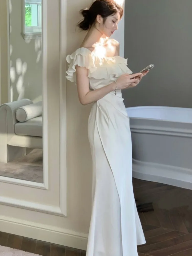 Mulher elegante chique cetim sereia vestido de noite coreano babados slash neck fino ajuste vestidos de festa moda sólida midi robe