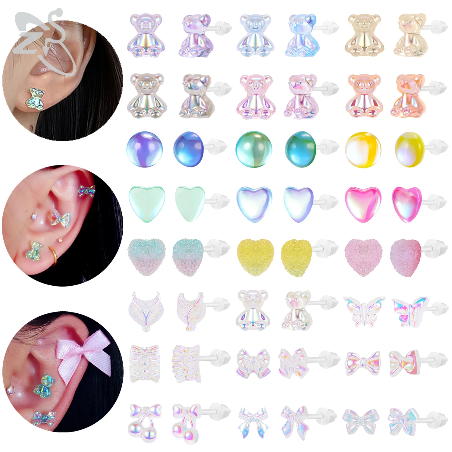 ZS 1-3 Pair/lot Colorful Acrylic Stud Earring Cute Bear Goldfish Heart Earrings Clear Ear Cartilage Helix Conch Piercing Jewelry