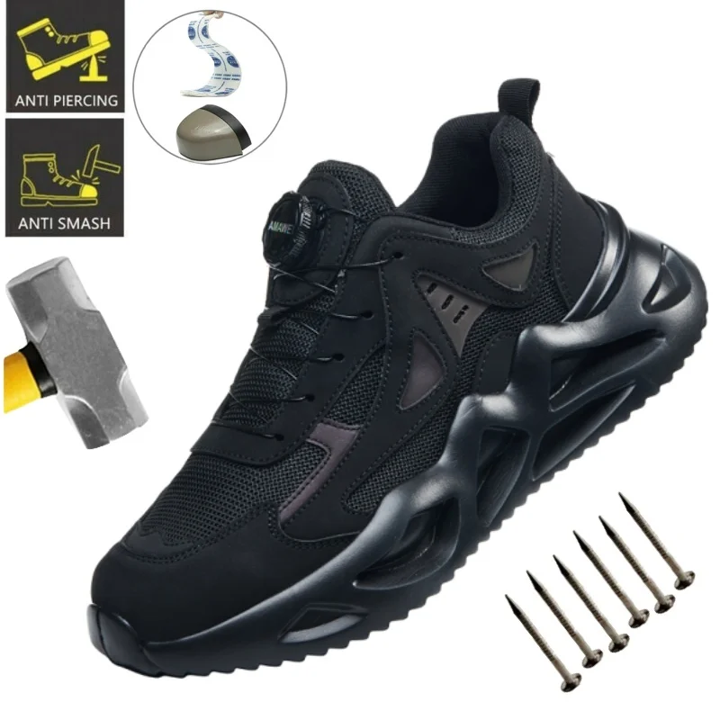 Rotating Button Work Shoes Steel Toe Men Puncture-protective Work Boots Anti-smash Protect Indestructible Kevlar Insoles Safety