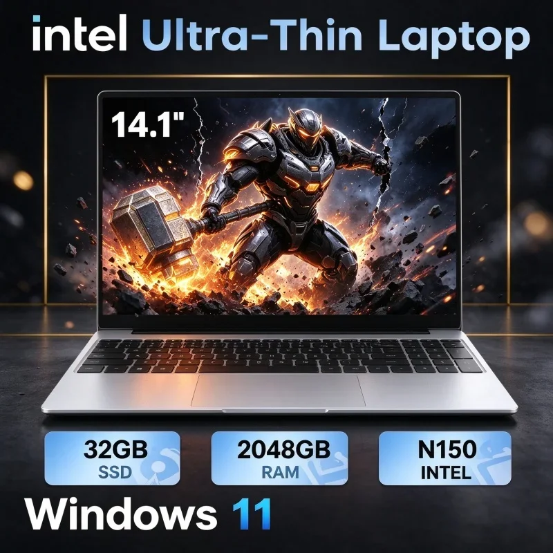 Intel N150 14.1 Inch Portable Laptop 32GB RAM 2TB SSD 1920×1080 Full HD Windows 11 Notebook For Home Study & Entertainment
