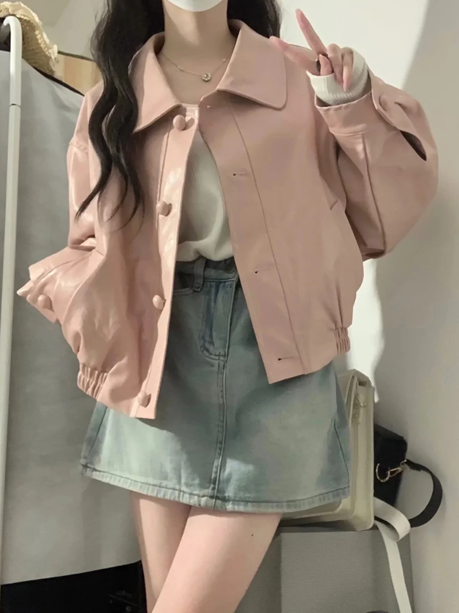 Loose Fit Women's Pink PU Leather Jacket Retro High Waist Versatile Autumn Season Korean Style Short Outerwear Coat