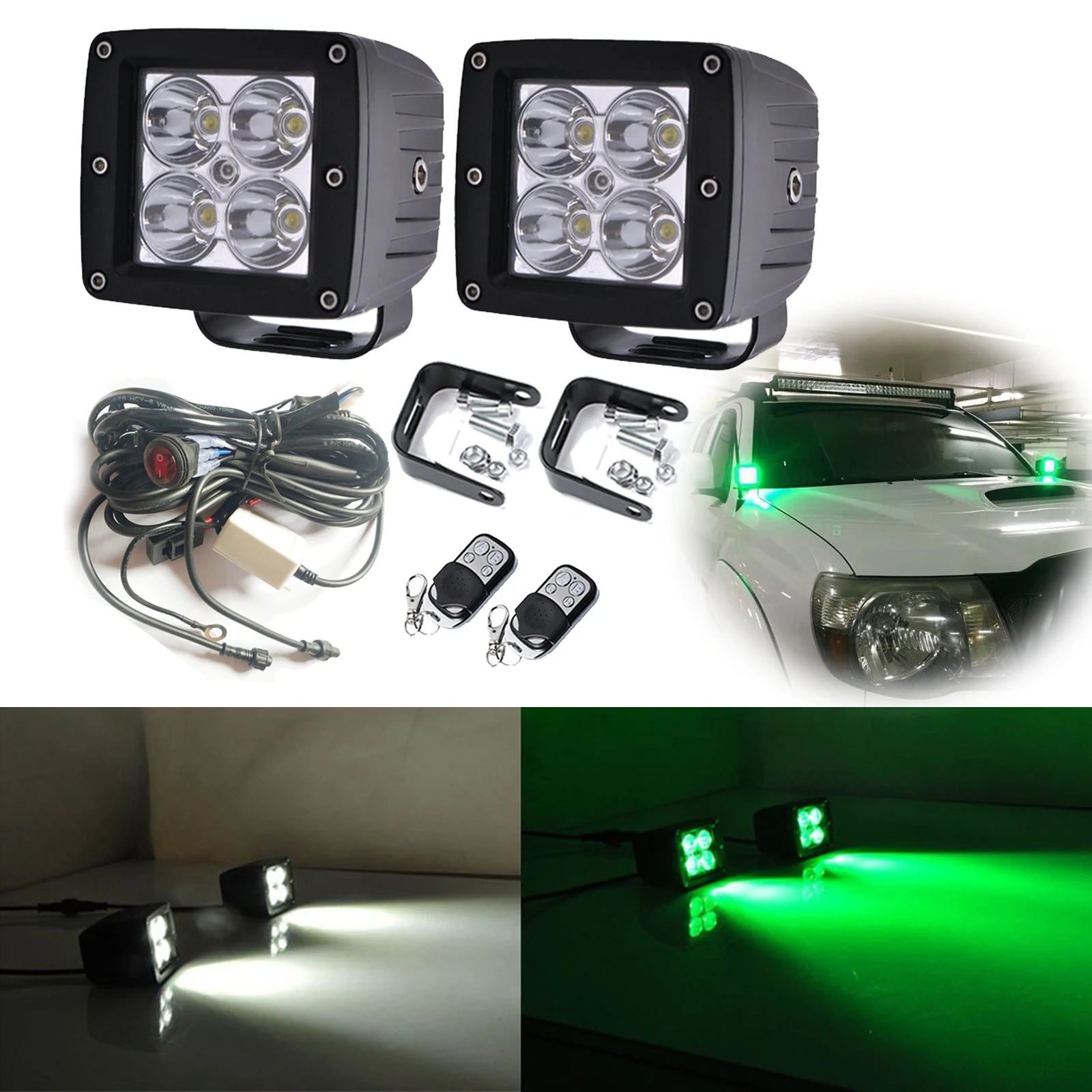 2pcs 3Inch 48W Green/White LED Hunting Fishing Lights Waterproof Driving Fog Lights Work Auxiliary Driving Lights 9 Strobe Kit